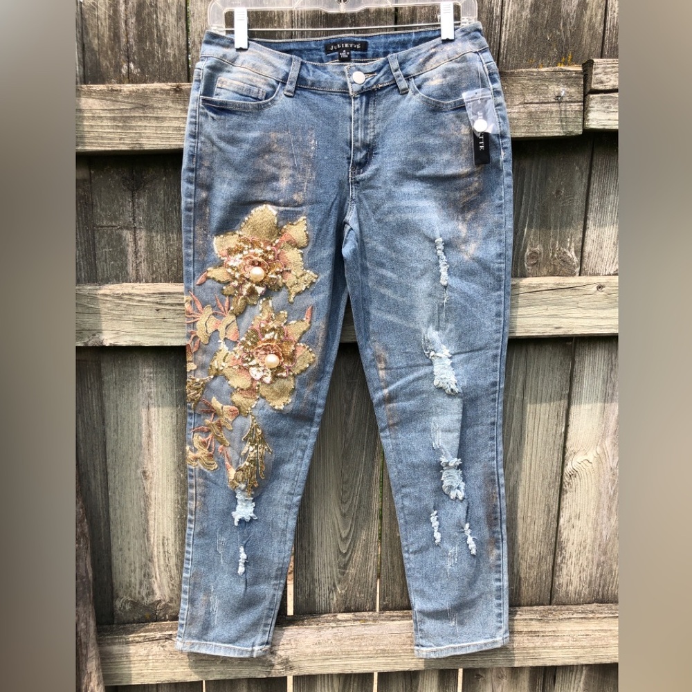 Juliette Distressed Jeans with Golden Floral Embroidery